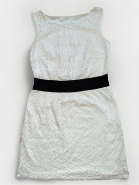 Women Size S White Mini Dress Above Knee Lace Black Waistband Cotton Blend Used